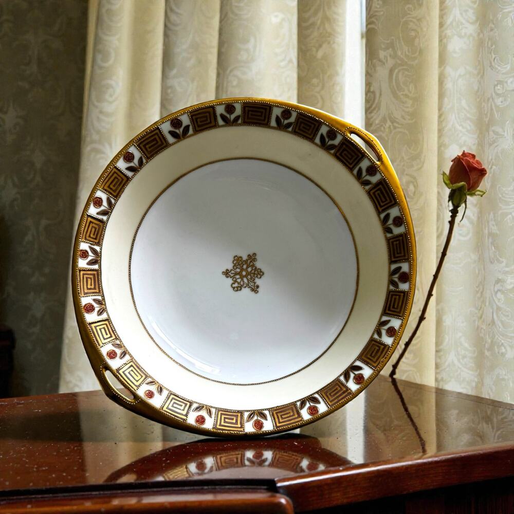 Antique 1900s Austrian Porcelain Open Handle Serving Bowl Greek Key Roses